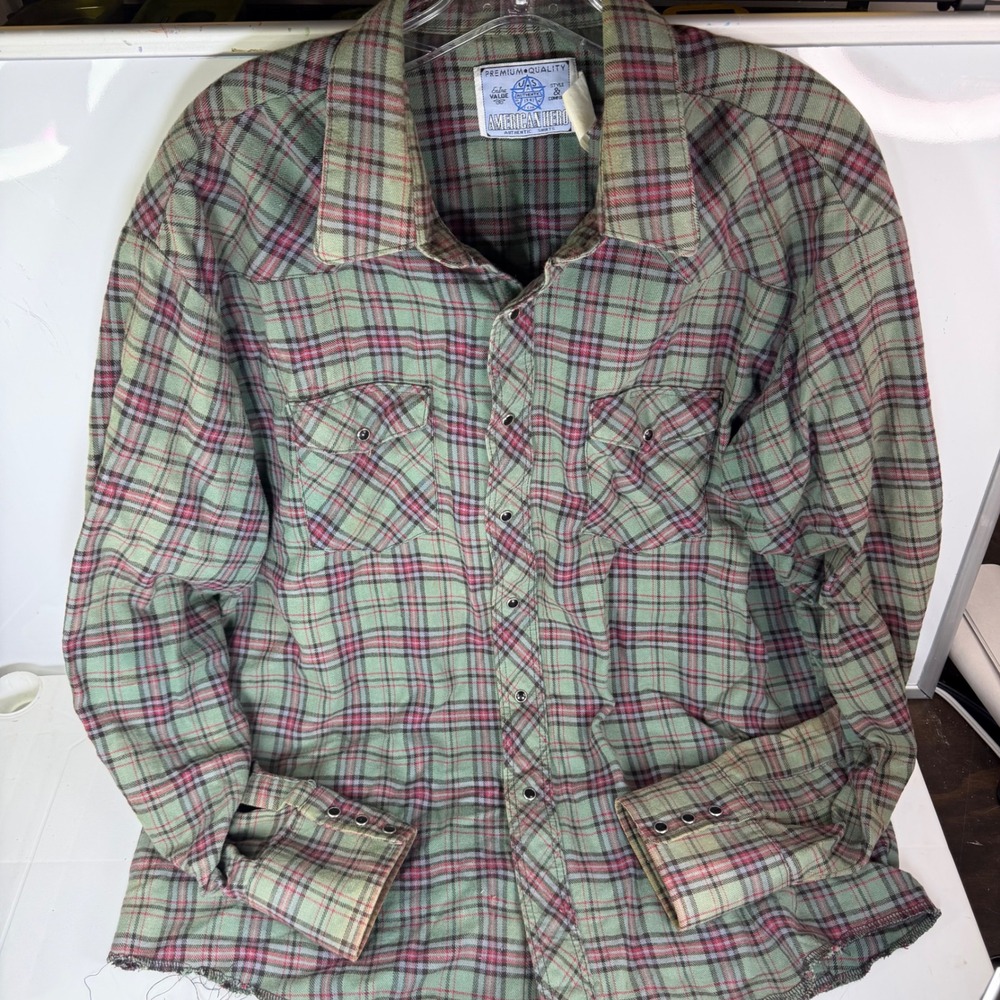 American Hero Plaid Western Shirt Green Pink Long Sleeve Snap Front Men's Size L